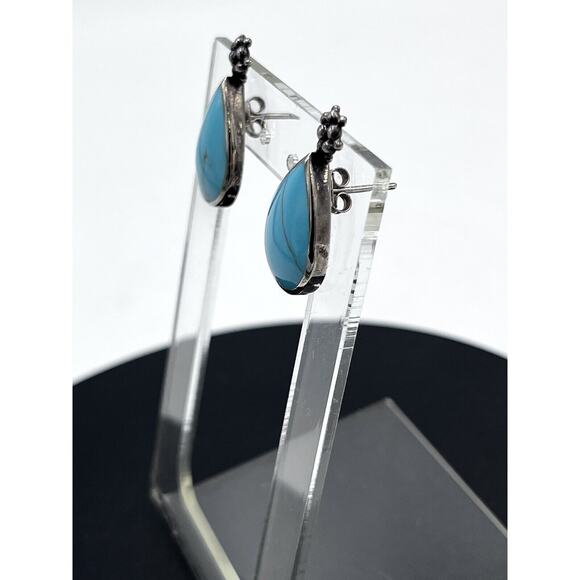 ClJ Turquoise Sterling Silver Teardrop Open Back Metal Work Flower Earrings - Picture 5 of 10